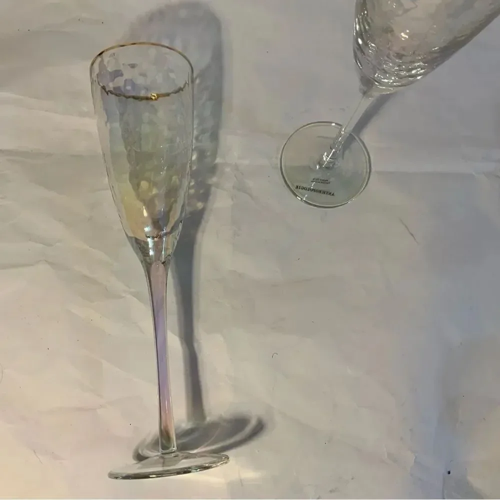 New Anthropologie Hand Blown Iridescent Wine Glasses with Gold Rim Set of 2 A10
